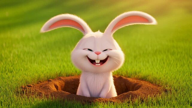 Cartoon white bunny smiling in burrow on green grass cute rabbit animation joyful funny character perfect for kids easter spring