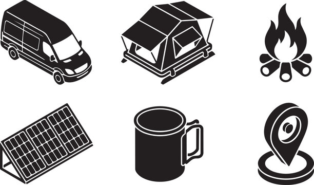 Van Life, Nomadic Living and Off-Grid Camping Lifestyle Isometric Silhouette Icon Set Vector Illustration