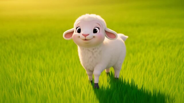 Cute cartoon lamb animation walking on green grass field background a gentle and cheerful scene for childrens educational content and storytelling purposes