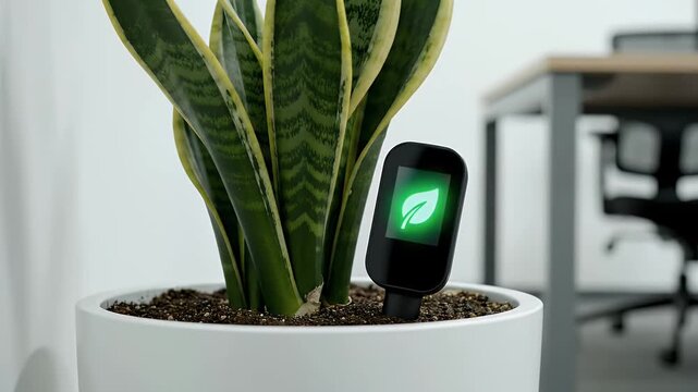 Snake plant in a white pot with a small black device displaying a green logo.