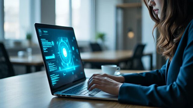 Business Professional Using Laptop with Technology Interface and Data Visualization in Modern Office Environment