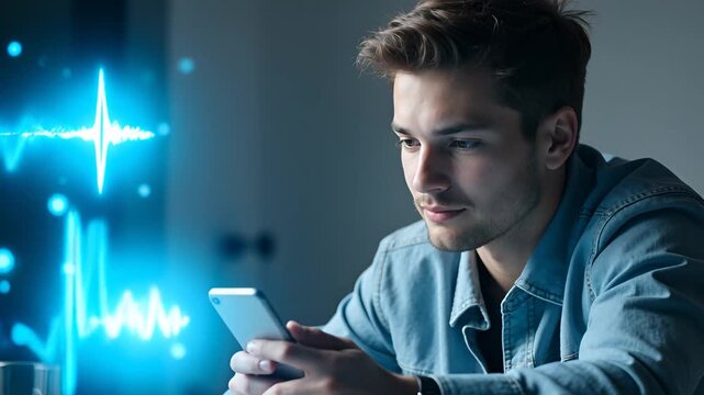 Young man using smartphone with pulse waveform graphic and glowing bokeh effects, showcasing modern technology and digital connection in a stylish environment