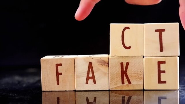Video clip of the words "FACT OR FAKE" made from wooden blocks. A warning about truth and misinformation in communication.