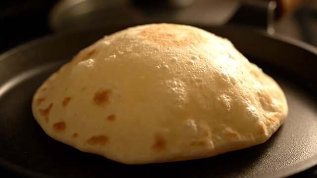 Cooking Indian Roti Bread on a Hot Pan, Traditional Homemade Flatbread Preparation.
