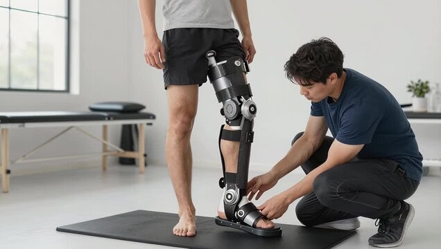 Male Patient with Leg Brace Receiving Assistance in Therapy Session