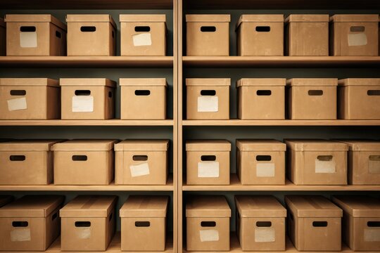 Symmetrical rows of boxes on shelves