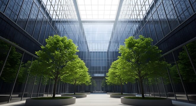 Como ejemplo del concepto ESG (ambiental, social y de gobernanza), la fachada de un edificio corporativo de vidrio refleja &aacute;rboles verdes.
 Importancia de integrar la sostenibilidad en la pr&aacute;ctica emp