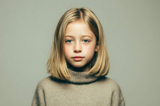 Child model with straight hair in minimalist outfit