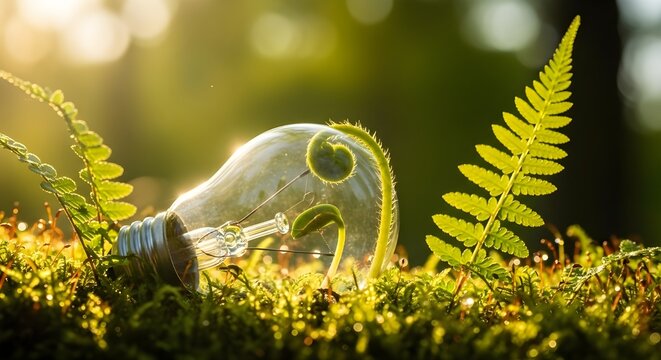 Mano sosteniendo bombilla contra la naturaleza en hoja verde con fuentes de energ&iacute;a, Desarrollo sostenible y medio ambiente responsable, Fuentes de energ&iacute;a renovables, Concepto de ecolog&iacute;a.