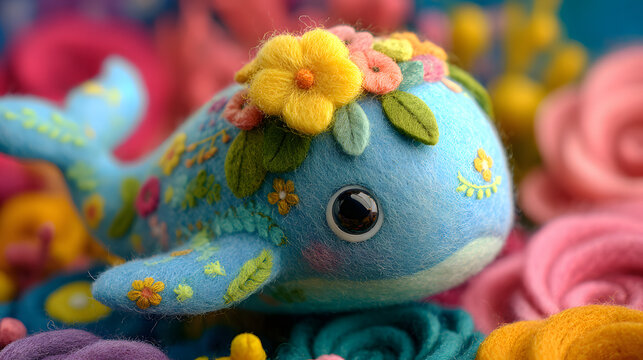 Handmade felt whale adorned with flowers