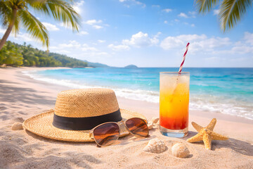 南国ビーチに映えるトロピカルカクテルと麦わら帽子