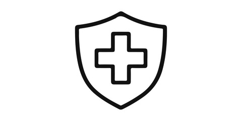 Fototapeta premium A vector shield icon featuring a medical cross symbol on a web button represents a first aid emergency sign for a hospital pharmacy or ambulance service