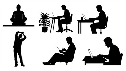 Silhouetted people working and meditating in various environments and postures on different furniture