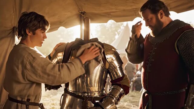 Medieval squire polishing the knight's armor while receiving instructions and preparing for battle in a tent at a military encampment with the army in the background
