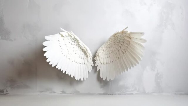 White Angel Wings Displayed Against Textured Gray Wall Studio