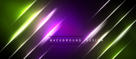 Obraz premium Abstract neon lines over black background. Vivid green, purple, white gradients create dynamic visual effect. Modern design element.