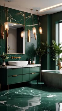 Luxurious green marble bathroom with modern vanity and cascading water features
