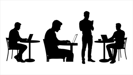 Fototapeta premium People working remotely at various tasks on laptops in a modern office environment from a distant viewpoint remote