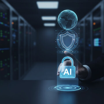AI-Powered Cybersecurity in Data Center &mdash; Hand Interacting with Vertical Holographic Stack: AI, Shield, and Global Network for Enterprise Protection
