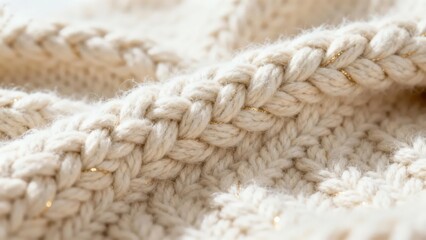 Close-up of off-white chunky knit fabric texture, interwoven with gold thread to highlight a luxurious texture, making it a material image suitable for clothing and design scenarios.