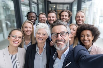 Obraz premium Joyful business team posing for group portrait