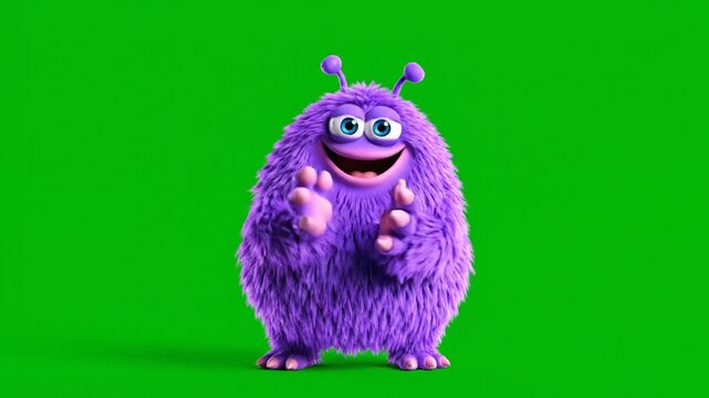 A fluffy, purple, cartoon-like creature with large blue eyes, pink mouth, and antennae stands in front of a vibrant green background, clapping