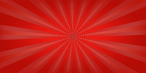 Retro red background with vintage circus sunburst. Psychedelic colorful swirl poster, abstract pattern in 70s carnival style. Hypnotic sunburst vector illustration. © edi