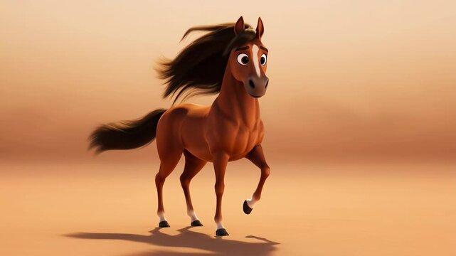 Animated brown horse trotting on a neutral background with a flowing mane in a 3d rendering style