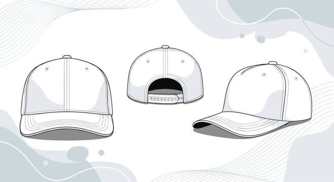 Three views of a plain white baseball cap including front, side, and back for apparel design and branding templates.
