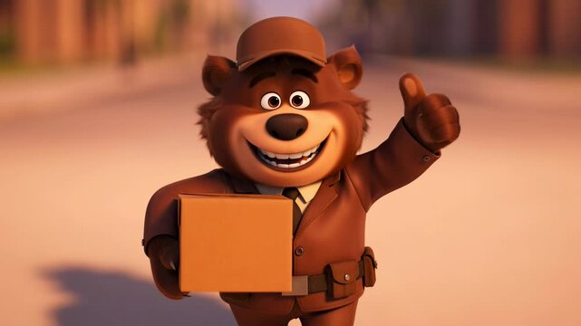 Animated delivery bear in uniform holds package and gives thumbs up expressing approval and satisfaction with shipping and excellent service rendered