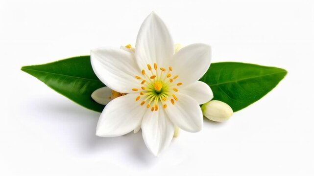 Delicate white orange blossom with green leaves and buds on white background