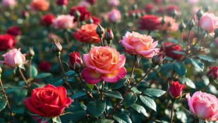 Orange and pink roses clustered across dew covered garden bed.