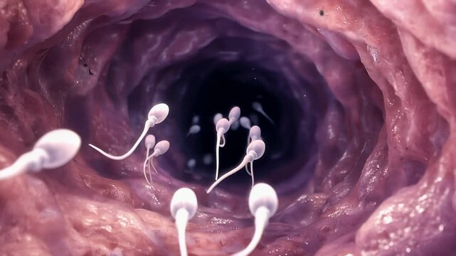 Microscopic view of sperm cells swimming inside the female reproductive tract. Concept of human fertilization, reproductive health, fertility, and medical science.