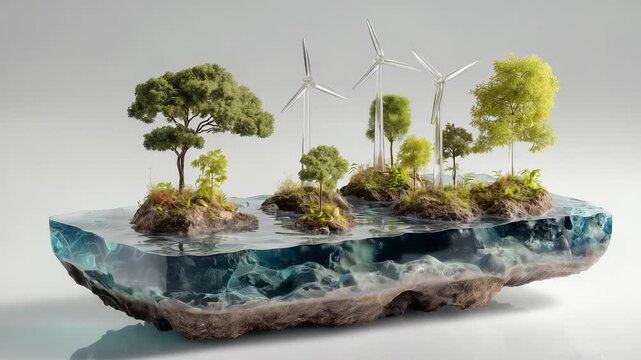 Miniature floating island with glass windmills spinning near clear water pools and crystal trees on white background. Renewable energy future concept