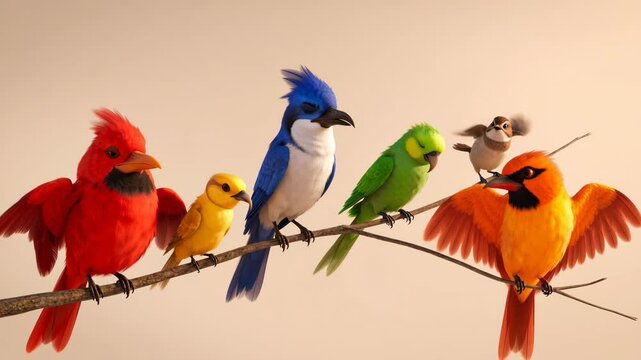 Colorful animated birds perched on branch variety of species red cardinal blue jay green parrot