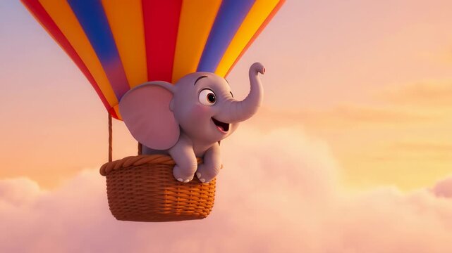 Happy animated elephant cub in hot air balloon flying above clouds during beautiful sunset animation