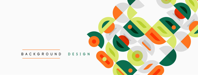 Fototapeta premium Abstract geometric shapes overlap, creating vibrant colorful background. Modern design utilizes curves, lines, warm tones.