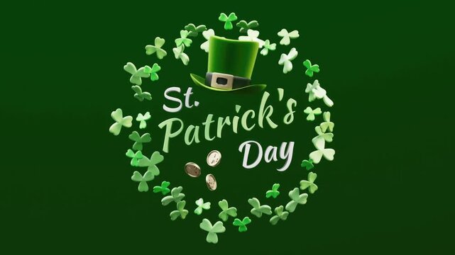 St Patricks Day greeting video loop with animated lettering, green leprechaun hat, gold coins and shamrock wreath on dark green background in 3D animation