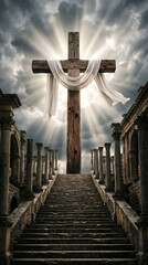 Ancient stone staircase leading to a large wooden cross with white cloth.