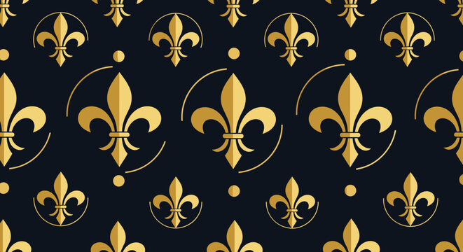 Gold fleur-de-lis pattern on a dark blue background with decorative dots and circular accents for a classic royal look.