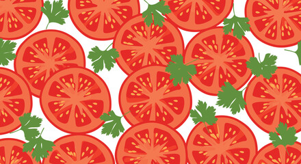 Seamless pattern of sliced red tomatoes and green parsley leaves covering the entire frame for a fresh vegetable food theme.