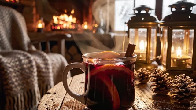Cozy hearthside warmth: rustic taverns corner with lanterns and pine cones