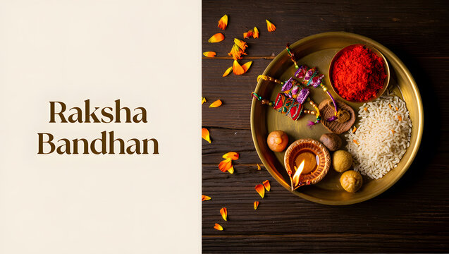 A traditional Raksha Bandhan thali is arranged with sacred items for the festival.