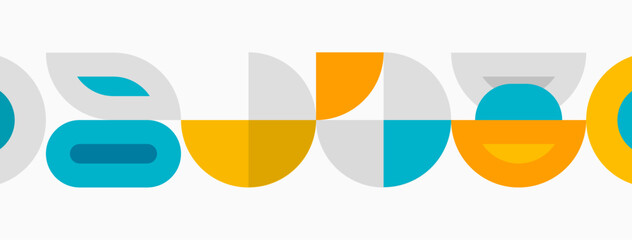 Fototapeta premium Abstract geometric shapes form colorful pattern. Circles, semicircles, rectangles create modern design. Simple, flat aesthetic.