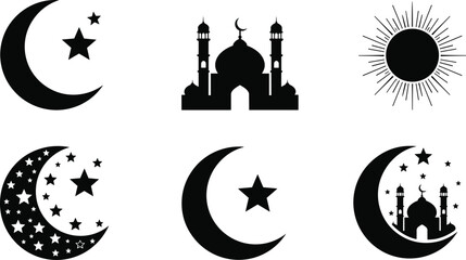 Black and white of crescent moons, stars, mosque, and sun symbol © Its Morsed here