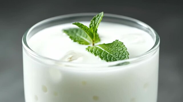 Close-up of Traditional Refreshing Cold Yogurt Drink (Ayran or Lassi) Garnished with Fresh Mint Leaves in a Clear Glass against a Dark Grey Background