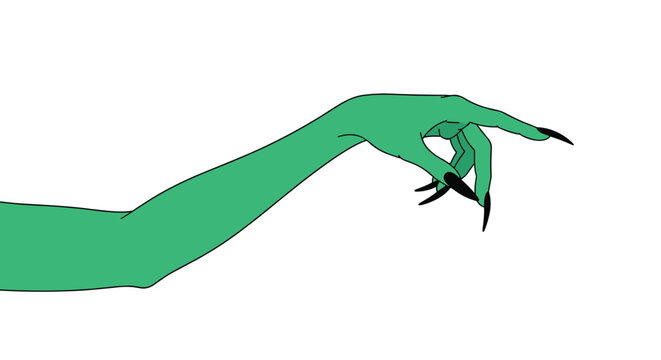 Reaching green hand with long sharp black fingernails in a creepy or mystical gesture against a plain white background.