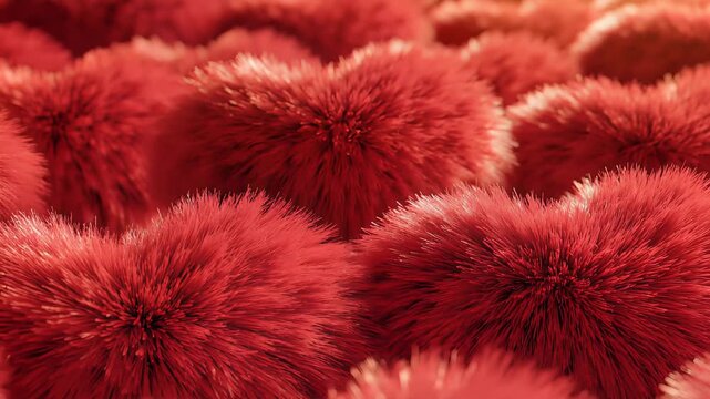 Close-up of red fluffy spherical objects with soft texture.