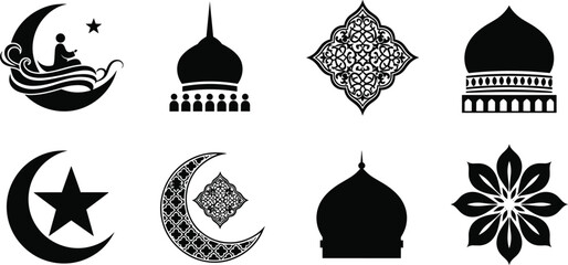 Collection of black and white islamic symbols including crescent moons stars domes and geometric patterns © Its Morsed here