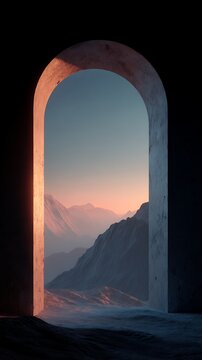 Mystical Arch Window Framing Distant Mountain Range at Sunrise